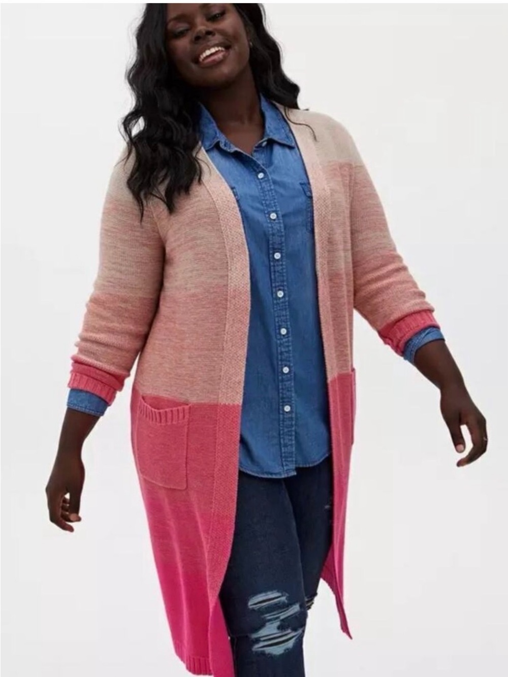 torrid Ombre Open-Front Long Cardigan in Pink Gradient